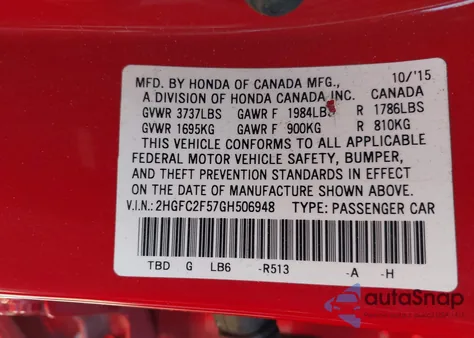 2016 Honda Civic Lx z USA, uszkodzony, nr VIN 2HGFC2F57GH506948